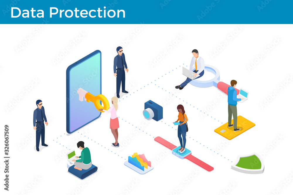 Digital Internet Security Isometric vector illustration concept. Key in Mobile Phone Smartphone with guardians. People standing around.