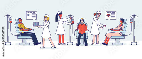 Blood Donation, World Blood Donor Day Concept. People Are Sitting In Medical Hospital Laboratory And Donating Blood. Nurses Assist The Process. Cartoon Linear Outline Flat Style. Vector Illustration