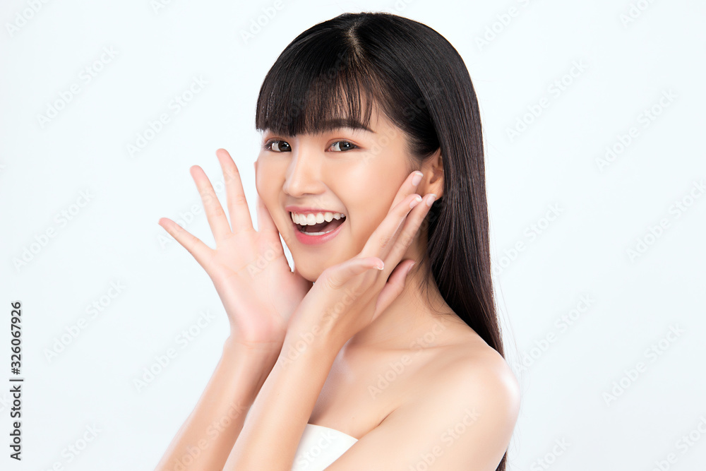 Portrait beautiful young asian woman clean fresh bare skin concept. Asian girl beauty face skincare and health wellness, Facial treatment, Perfect skin, Natural makeup, on white background, Portrait beautiful young asian woman clean fresh bare skin concept. Asian girl beauty face skincare and health wellness, Facial treatment, Perfect skin, Natural makeup, on white background,