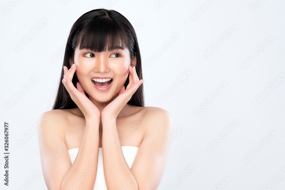 Portrait beautiful young asian woman clean fresh bare skin concept. Asian girl beauty face skincare and health wellness, Facial treatment, Perfect skin, Natural makeup, on white background, Portrait beautiful young asian woman clean fresh bare skin concept. Asian girl beauty face skincare and health wellness, Facial treatment, Perfect skin, Natural makeup, on white background,