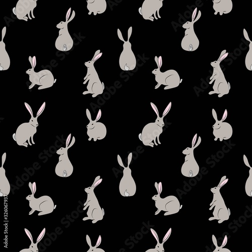 Fototapeta Naklejka Na Ścianę i Meble -  Seamless pattern with fashionable rabbits on a black background. Stock vector illustration for decoration and design, packaging, wallpaper, fabrics, postcards, web pages, wrapping paper, Easter