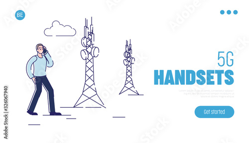 5G Wireless High Speed Modern Technology Concept. Website Landing Page. Man Is Using High Speed Internet Technology for Communication and Work.Web Page Cartoon Linear Outline Flat Vector Illustration