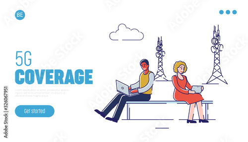 5G Modern Internet Technology Concept. Website Landing Page. Man And Woman Use High Speed Internet Technology for Communication and Gadgets. Web Page Cartoon Linear Outline Flat Vector Illustration