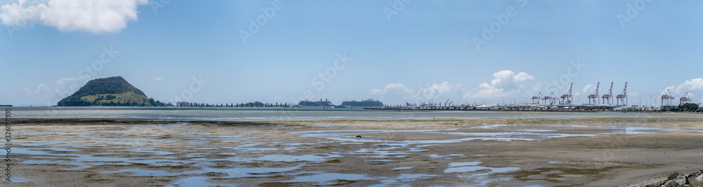 volcanic Maunganai mount and low tide at Bay of Plenty, Tauranga, New Zealand