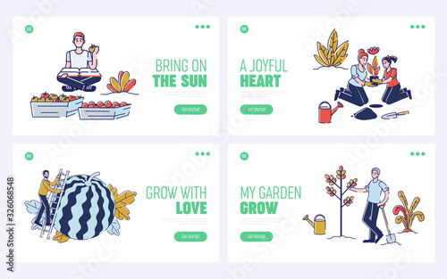Gathering Harvest Concept. Website Landing Page. People Work Together On The Farm, Planting Plants, Gathering Fruits in The Garden. Set Of Web Pages Cartoon Linear Outline Flat Vector Illustrations