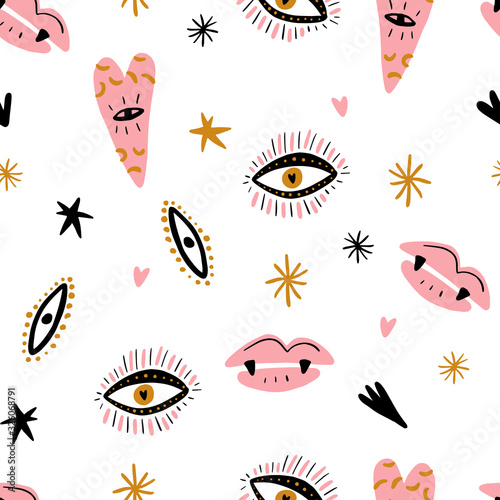 Seamless pattern illustration with cute vampire mouth lips, hearts and eyes. Halloween girl character concept. Vector EPS