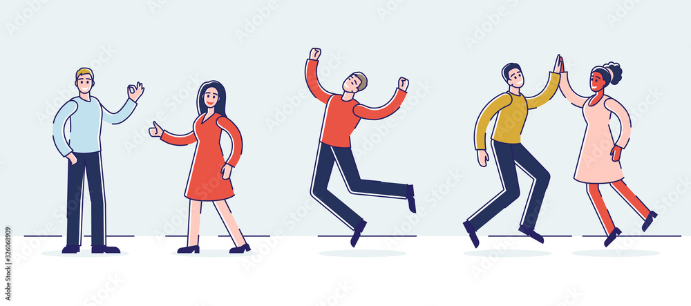 Human Positive Emotions And Happiness Concept.Group Of Happy People Are Expressing Positive Emotions Doing Hand Gestures. They Are Happy And Satisfied. Cartoon Flat Outline Linear Vector Illustration Human Positive Emotions And Happiness Concept.Group Of Happy People Are Expressing Positive Emotions Doing Hand Gestures. They Are Happy And Satisfied. Cartoon Flat Outline Linear Vector Illustration