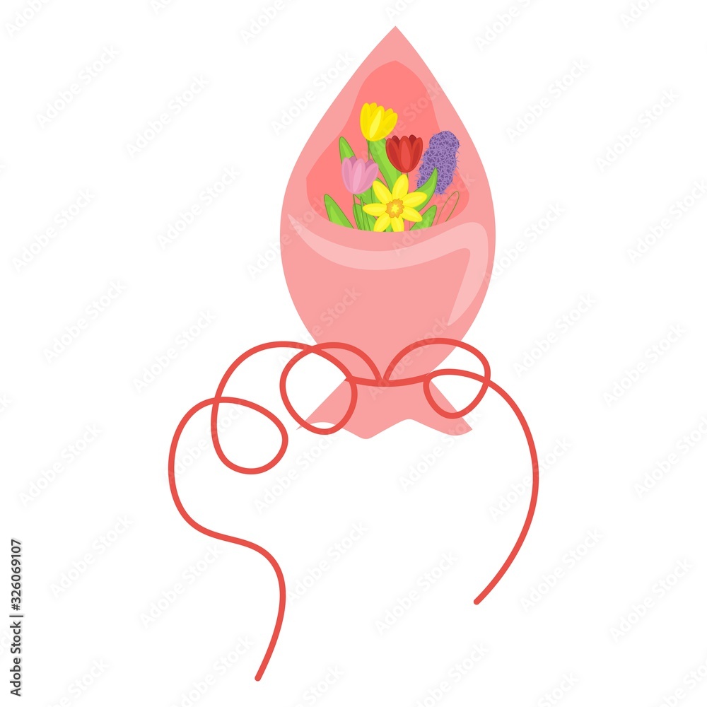 Obraz premium Bouquet with spring flowers in a coral wrapper isolated on a white background. Stock vector illustration for decoration and design, packaging, fabrics, postcards, web pages, Women's Day, poster