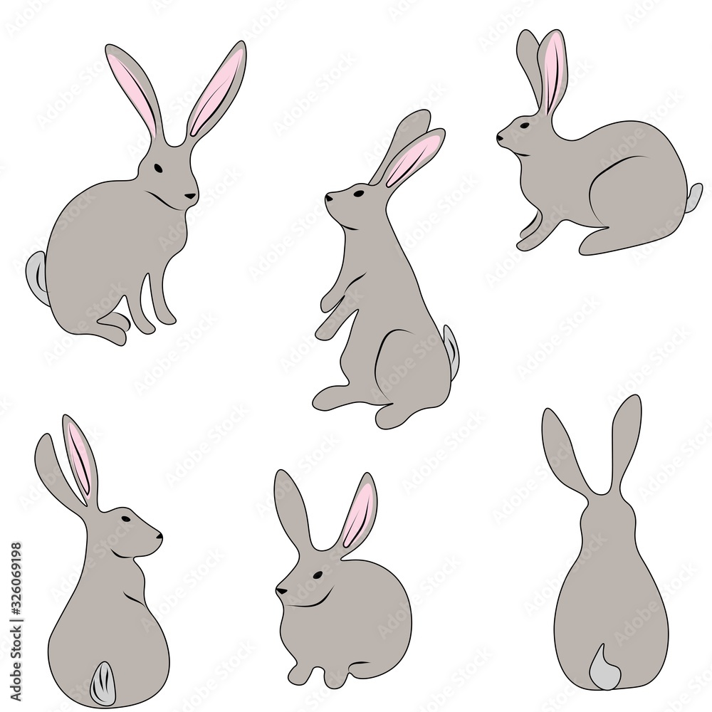 Set of cute rabbits in a flat style on a white background. Stock vector illustration for decoration and design, children's books and coloring books, packaging, postcards, Easter, baby textiles Set of cute rabbits in a flat style on a white background. Stock vector illustration for decoration and design, children's books and coloring books, packaging, postcards, Easter, baby textiles