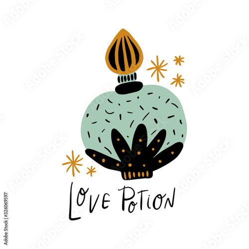 Magical fairytale lettering illustration with cute glass bottle potion. Valentines Day love drink concept. Magic elixir. Decoration for postcard and poster. Vector EPS