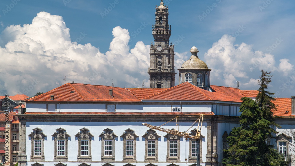 Episcopal Palace and Clerigos Church bell tower timelapse in Porto, Portugal.