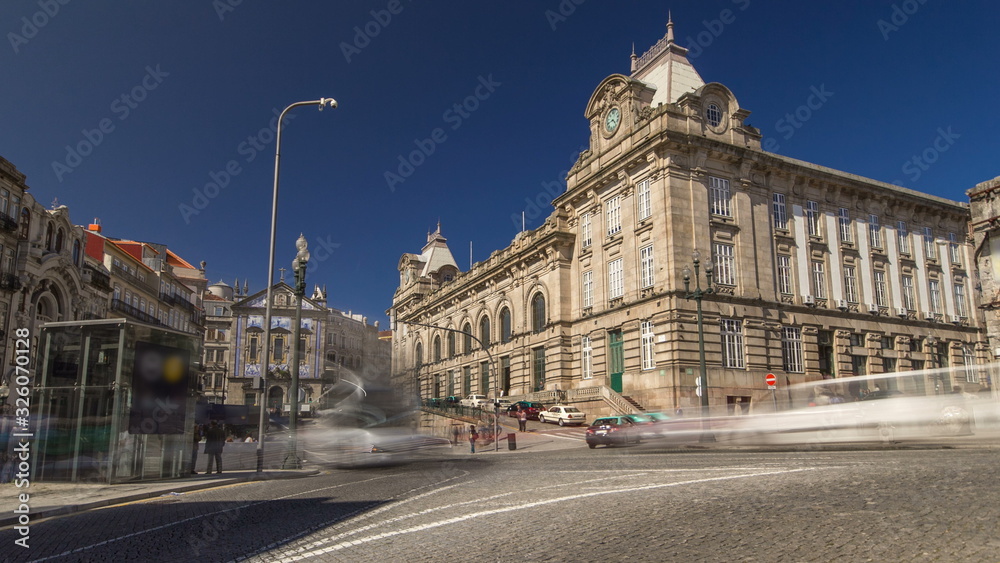 View of the Almeida Garret Square with the Sao Bento railway station and Congregados Church at the back timelapse .