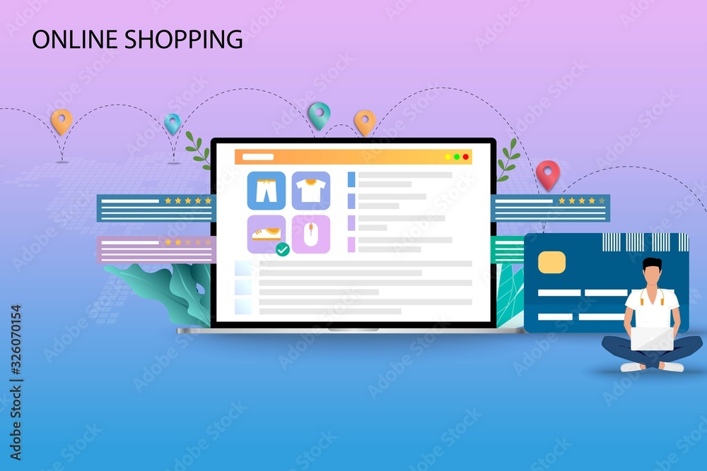 Business concept of online shopping, young man is searching on his laptop to find a new shoes and sit near a big credit card and laptop which contain list of products, customer rating and reviews. Business concept of online shopping, young man is searching on his laptop to find a new shoes and sit near a big credit card and laptop which contain list of products, customer rating and reviews.