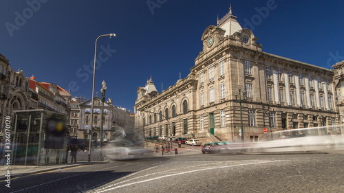 View of the Almeida Garret Square with the Sao Bento railway station and Congregados Church at the back timelapse .