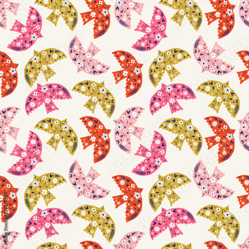 Different various birds with folk nordic floral ornaments. Paper cut animals in flat modern scandinavian style. Hand drawn colored seamless pattern. Hygge and lagom design concept. Vector EPS