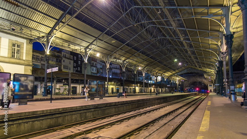 Train at platform of Sao Bento Train Station timelapse in Porto, Portugal.