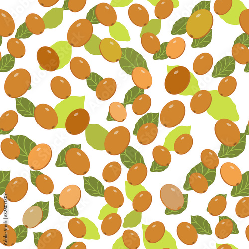 Sea buckthorn seamless pattern. Yellow berries with green leaves on a white background. Vector color illustration in flat style. Can be used for textiles, paper, packaging, Wallpaper, and your design.
