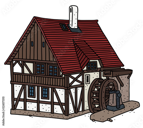 The vectorized hand drawing of a historical half timbered water mill