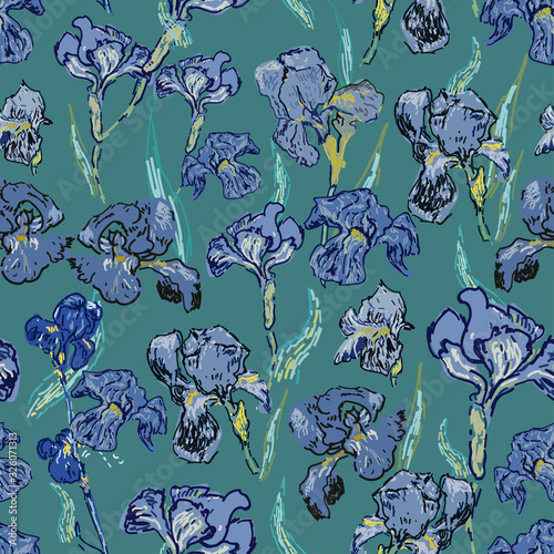 Irises flowers. Vector illustration, seamless pattern based on the oil painting of Van Gogh.