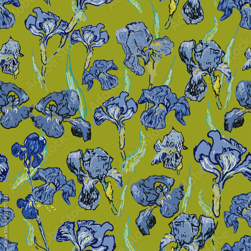 Irises flowers. Vector illustration, seamless pattern based on the oil painting of Van Gogh.