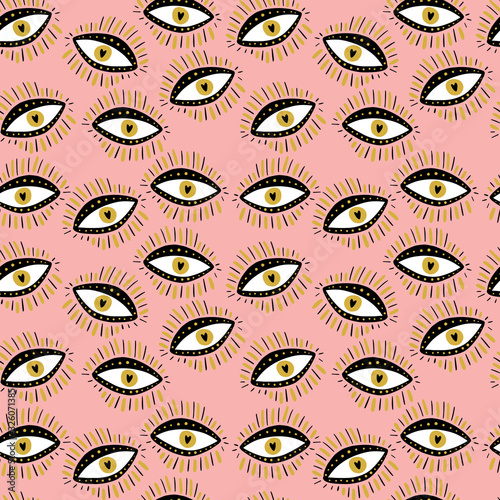 Seamless pattern illustration with witch eyes and stars. Vector EPS