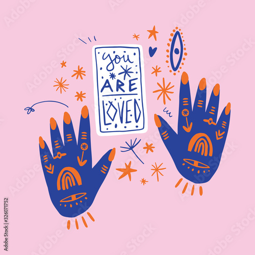 Hand drawn female witch hands with gold flash tattoo and snake. Print, sticker, patch. Vector EPS clip art