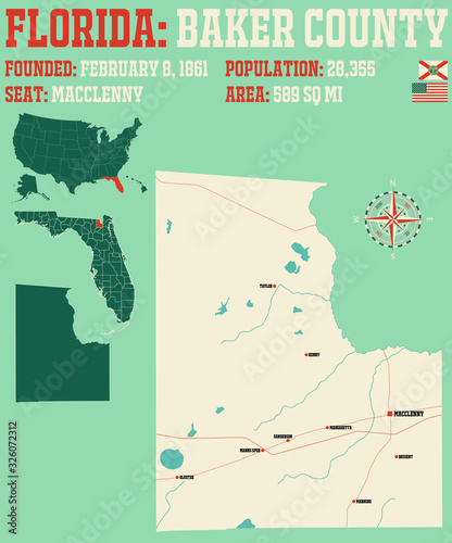 Large and detailed map of Baker county in Florida, USA.