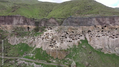 Vardzia, a giant cave city in Georgia. Aerial view.
