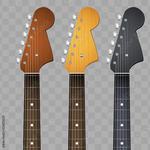 Set of Rock Electro Guitars neck fretboard and headstock. Vector Illustration isolated on white background.