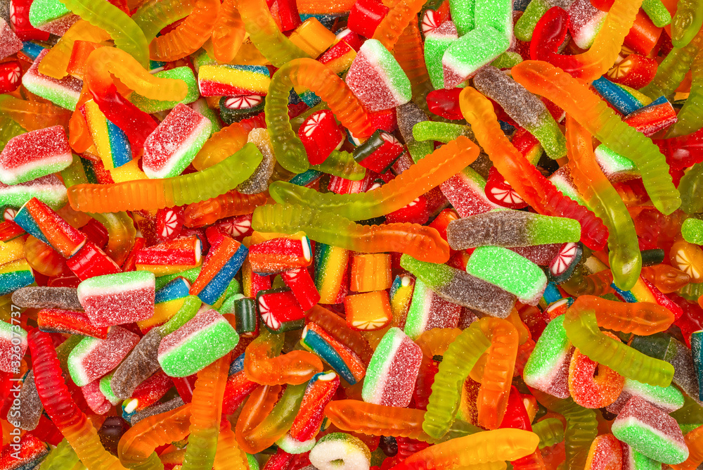 Assorted gummy candies. Top view. Jelly  sweets background.