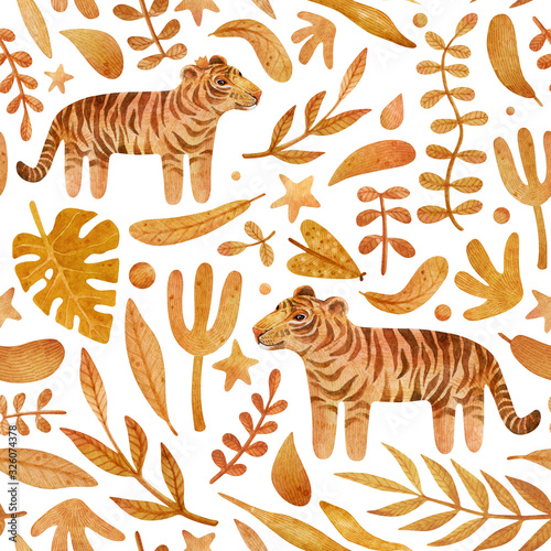 Watercolor seamless pattern with tiger and orange leaves. Wild animals and jungle background perfect for children parties  textile  wrapping  invitation  cards  wallpaper