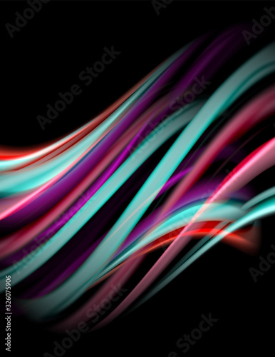 Silk smooth lines on black, liquid fluid color waves. Vector Illustration