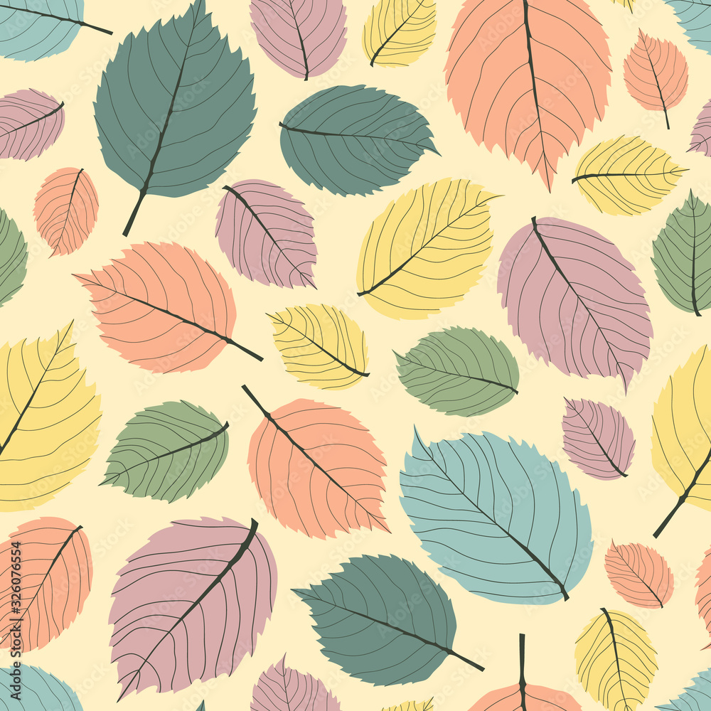 Abstract seamless pattern with textured colorful leaves backgrounds