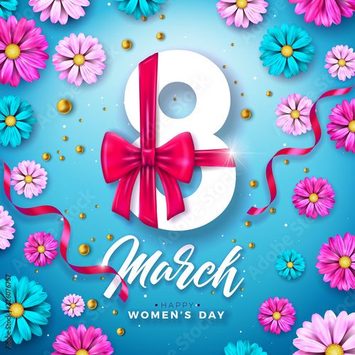 8 March. Women's Day Celebration Design with Flower and Typography Letter on Blue Background. Vector International Holiday Illustration Template for Banner, Flyer, Invitation, Poster or Greeting Card.