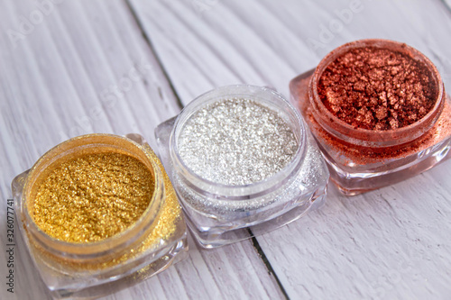 Spangles - powder for nails and needlework. Glitter in a small transparent jars with cap. bright silver, gold, bronze colors. Art and hobby supplies