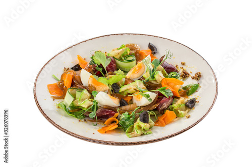 meat salad with roast beef, vegetables and egg isolated on white background