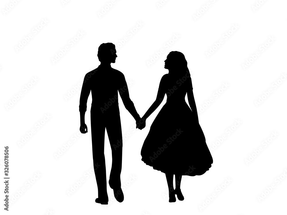 Silhouette of man and woman go forward holding hands