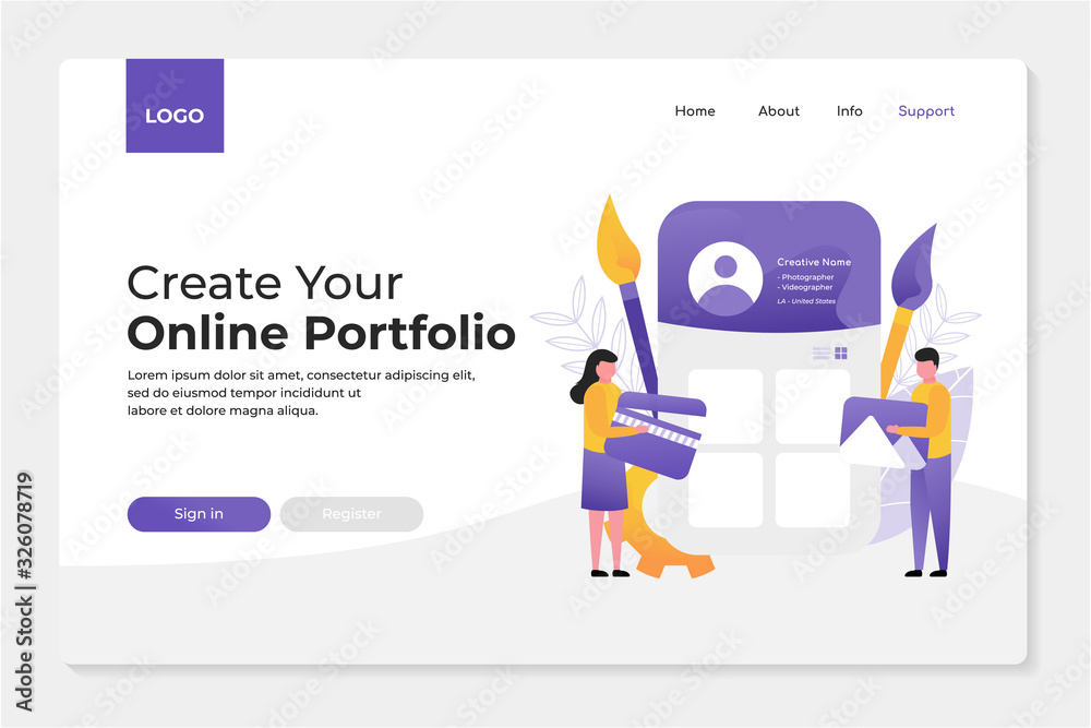 landing page template portfolio presentation with people flat illustration style. showing brush, movie, image, and profile icon. easy use and editable. vector illustration