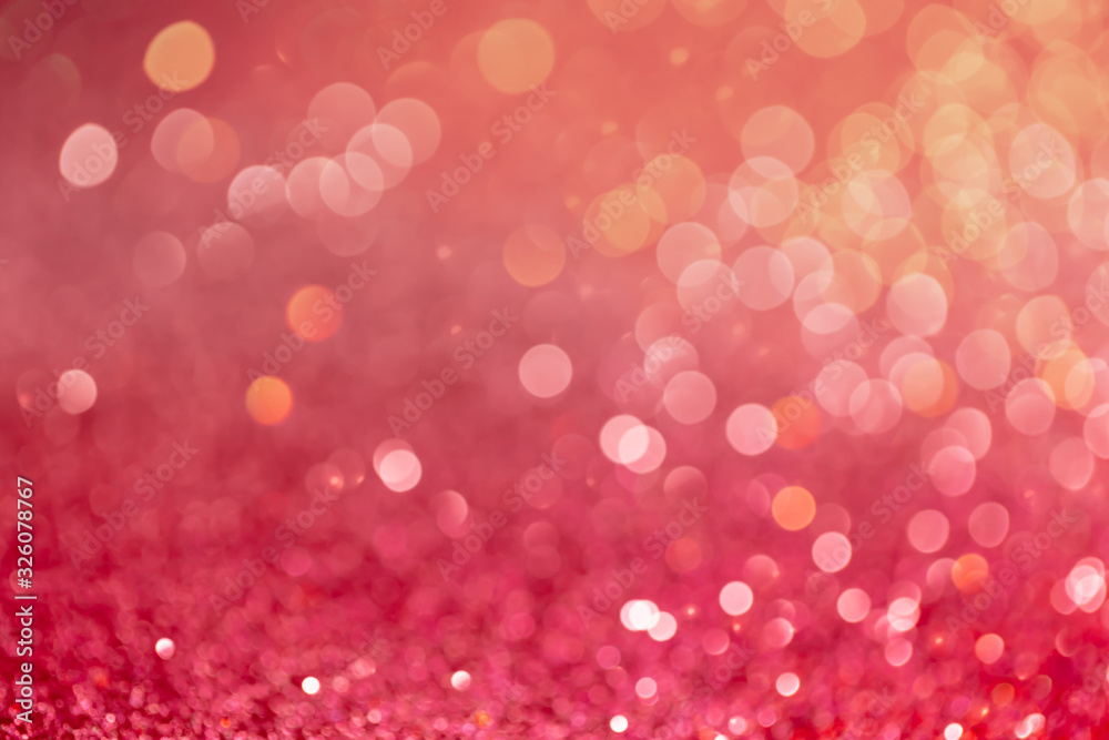Decoration twinkle lights background, abstract glowing backdrop with circles,modern design overlay with sparkling glimmers. Red, pink and golden backdrop glittering sparks with blur effect