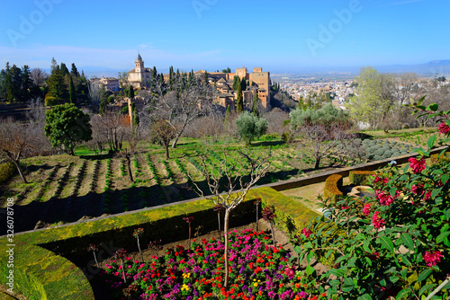 Granada, Spain - February 20, 2020: Part of the Alhambra and its gardens.