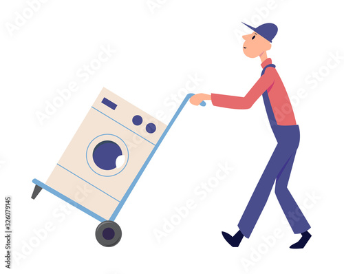 Full length profile shot of a delivery man pushing a hand truck loaded with a washing machine isolated on white background. Flat vector illustration 
