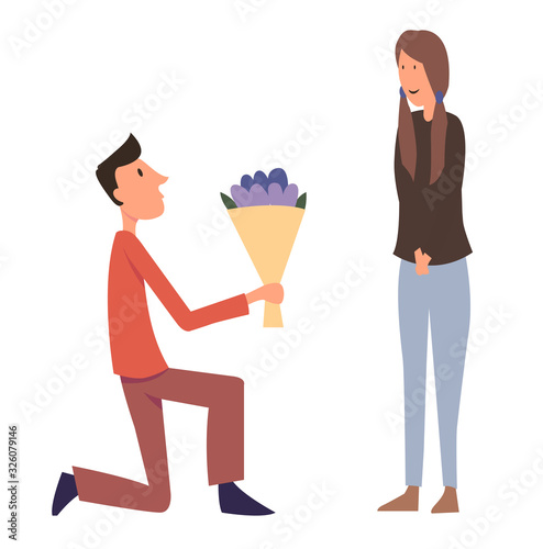 Young guy with a bouquet of flowers on knees proposing young beautiful girl for marriage.  Flat vector illustration 