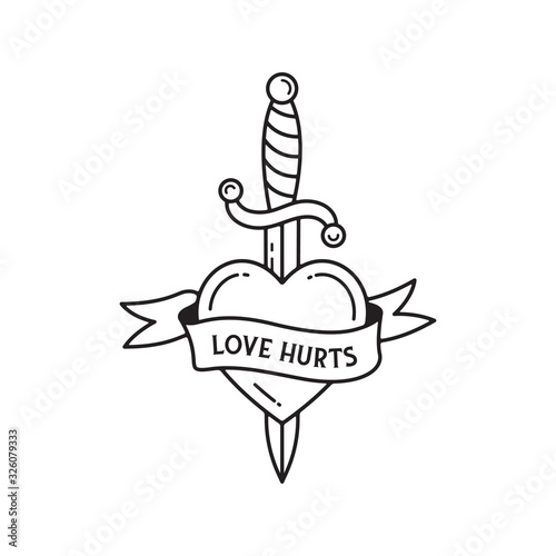 Dagger and heart tattoo with wording love hurts. Traditional tattoo heart and dagger old school tattooing style ink.