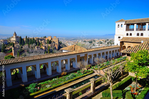 Granada, Spain - February 20, 2020: Patio de la Acequia, La Alhambra, Granada.