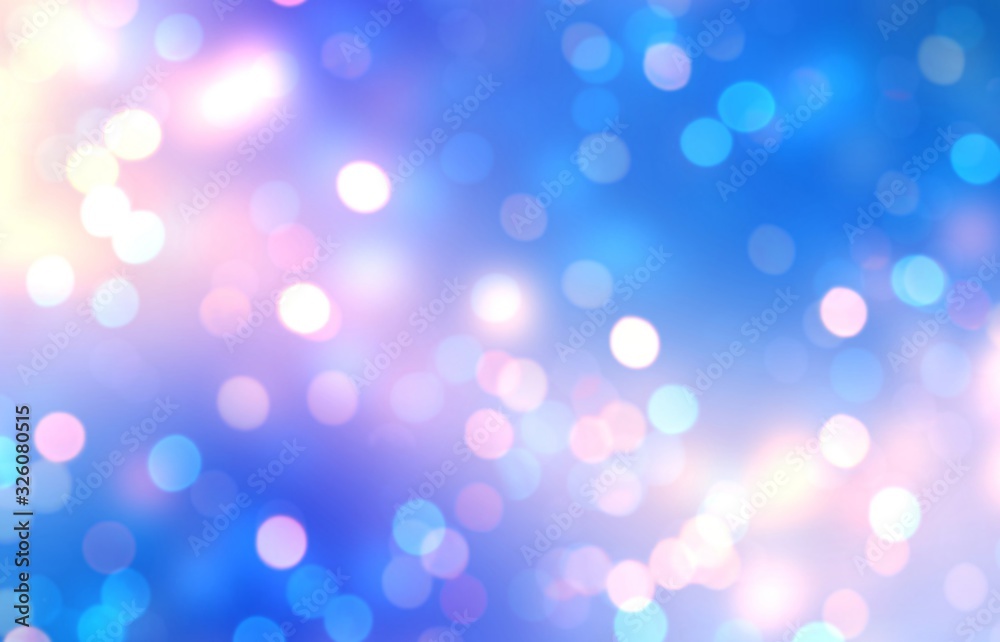 Magic sequins on blue pink gradient. Shiny bokeh empty background. Blurred confetti texture. Defocus glitter space. Abstract template illustration. 