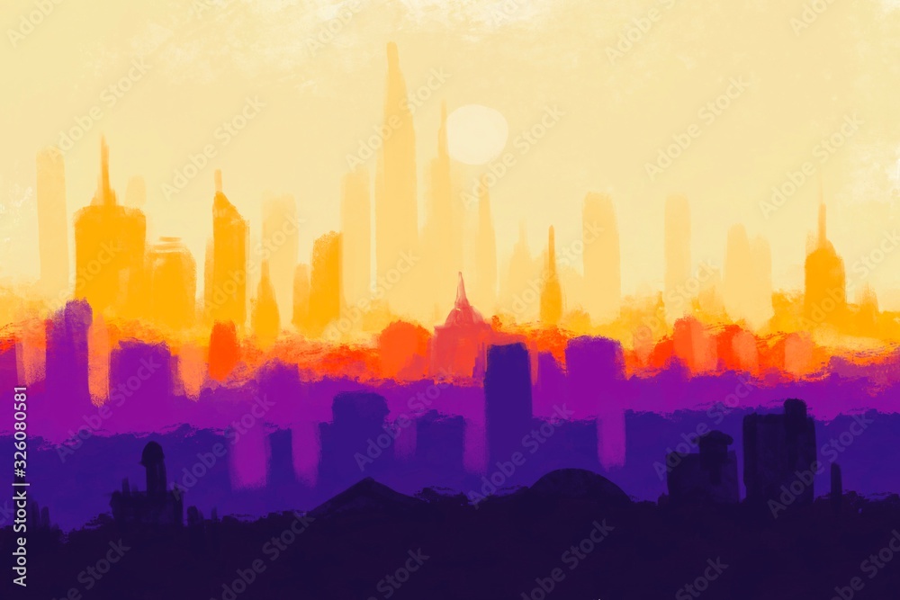 Painting of city at sunset