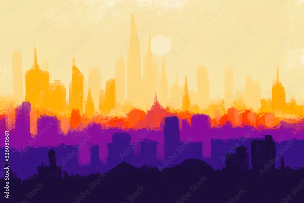 Painting of city at sunset Painting of city at sunset