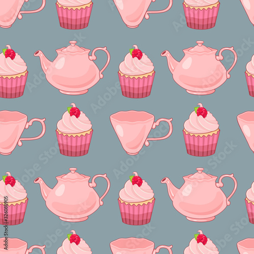 Vector raspberry cupcak and tea pot pattern