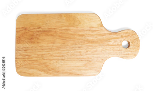 Woodcutting board with handle and drill hole for hanging isolated on white background with clipping path.