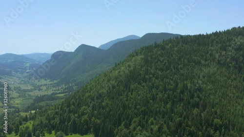 Aerial shot of rolling Carpathian mountains and beautiful, lush, green conifer forest photo